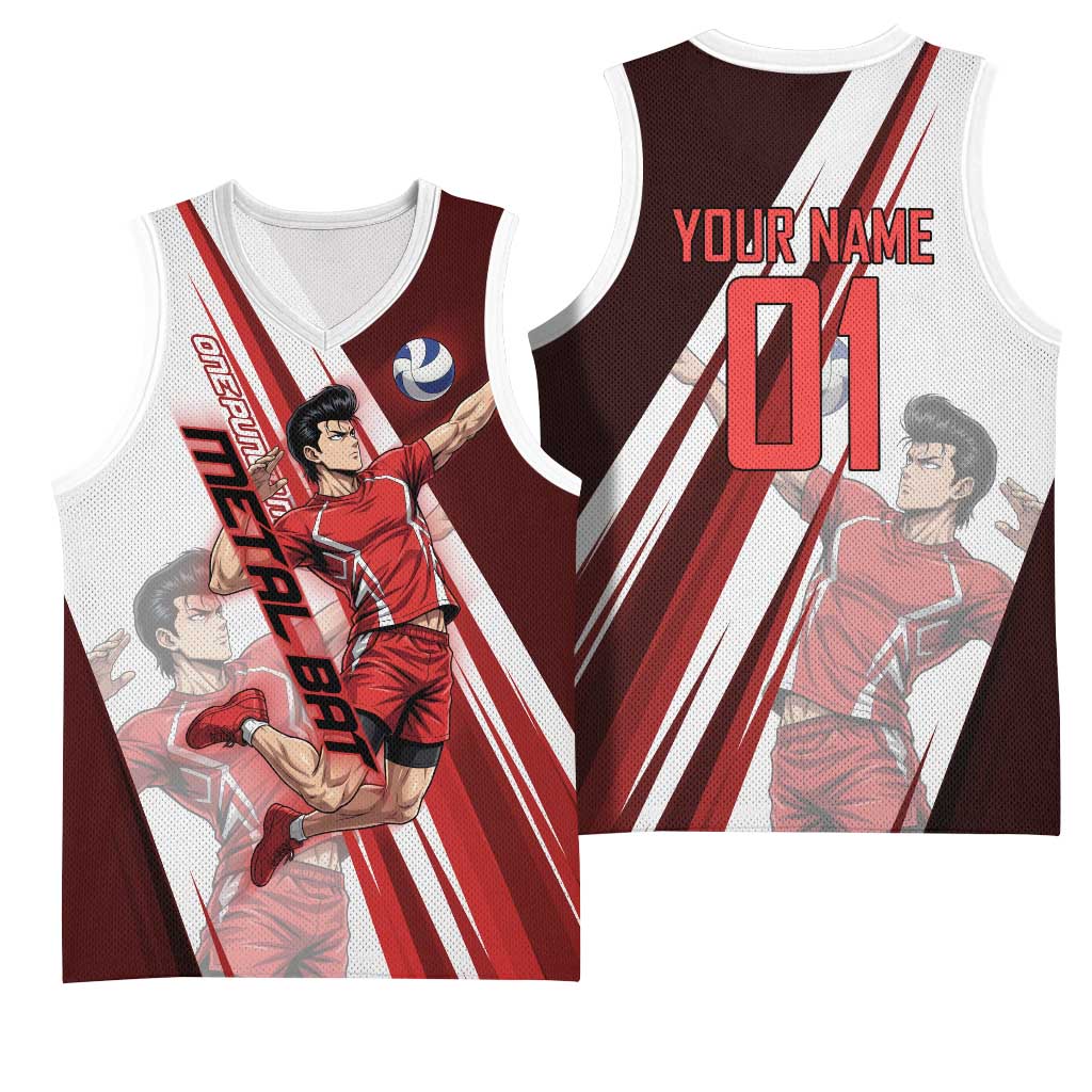Personalized Metal Bat Volleyball Design Basketball Jersey with Red Athletic Theme and Powerful Action Pose