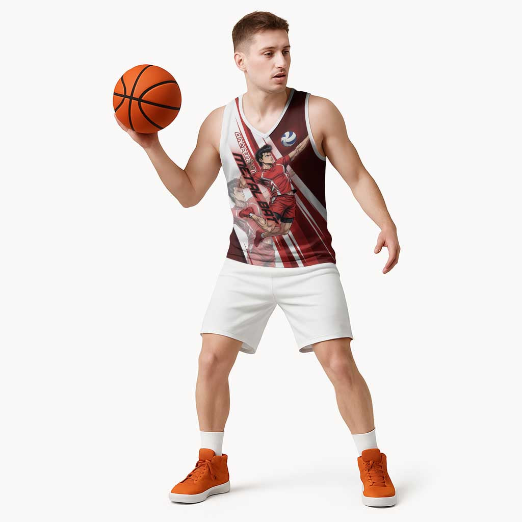 Personalized Metal Bat Volleyball Design Basketball Jersey with Red Athletic Theme and Powerful Action Pose