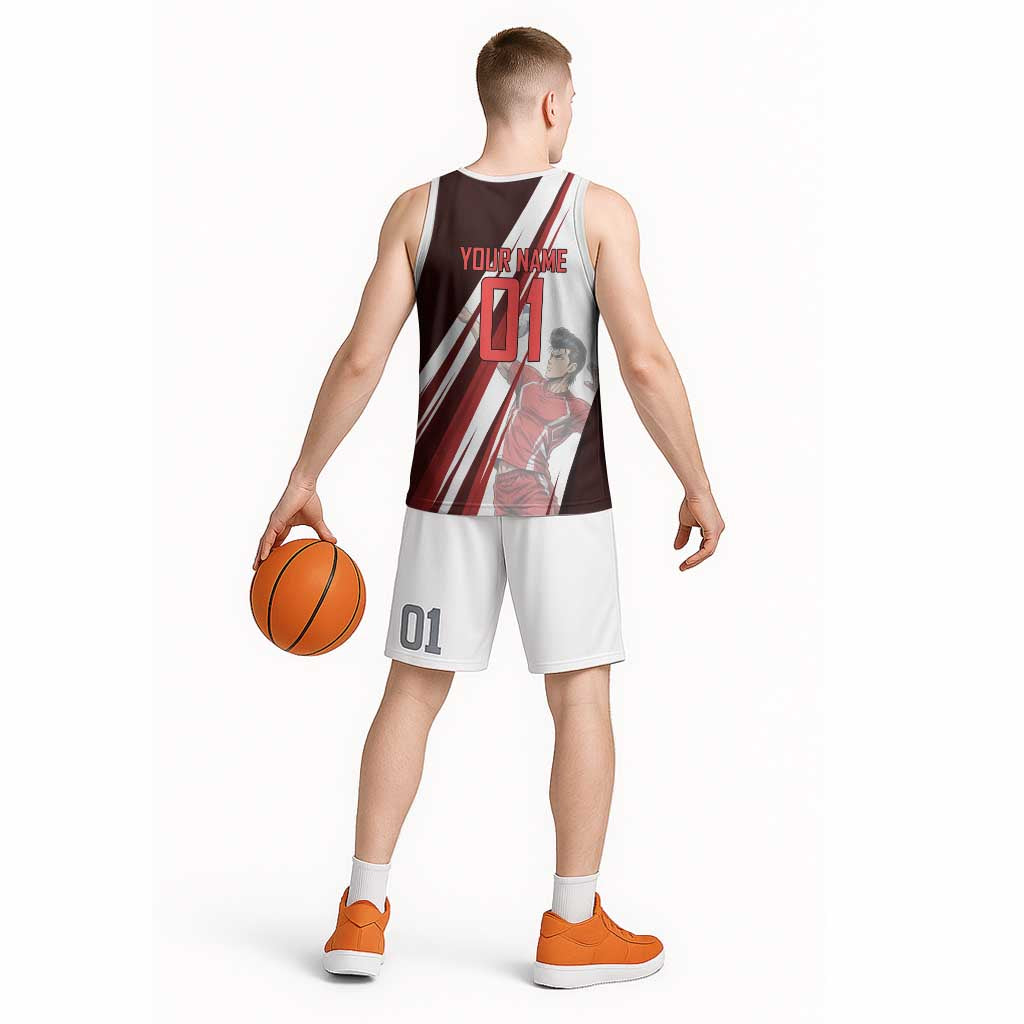 Personalized Metal Bat Volleyball Design Basketball Jersey with Red Athletic Theme and Powerful Action Pose