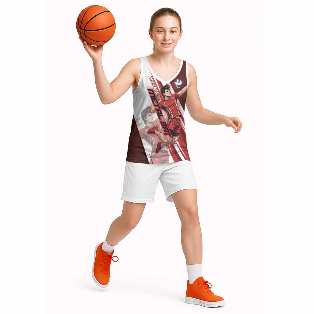 Personalized Metal Bat Volleyball Design Basketball Jersey with Red Athletic Theme and Powerful Action Pose