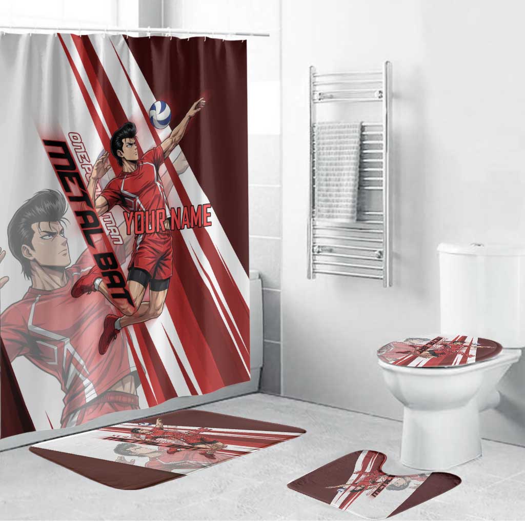Personalized Metal Bat Volleyball Design Bathroom Set with Red Athletic Theme and Powerful Action Pose
