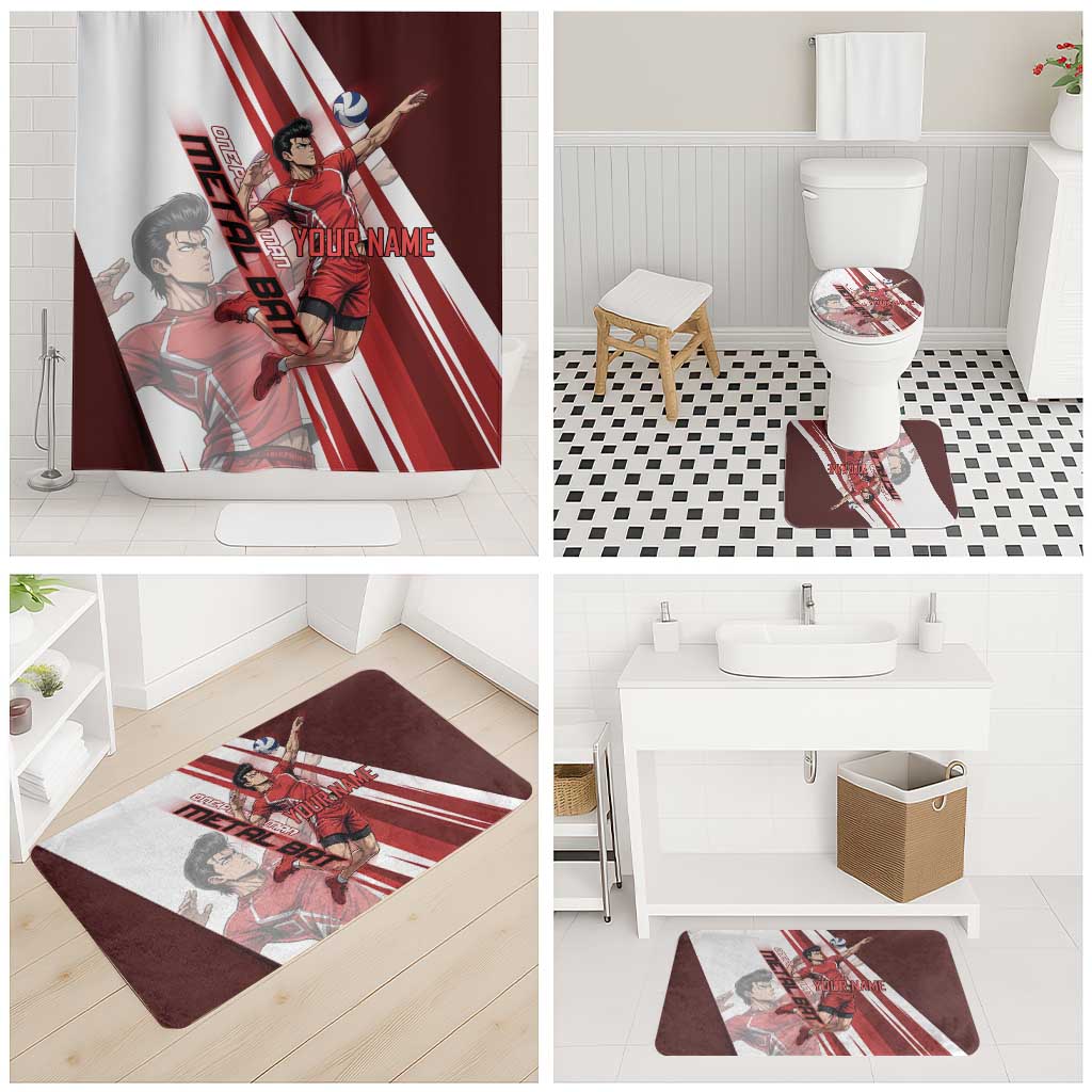 Personalized Metal Bat Volleyball Design Bathroom Set with Red Athletic Theme and Powerful Action Pose