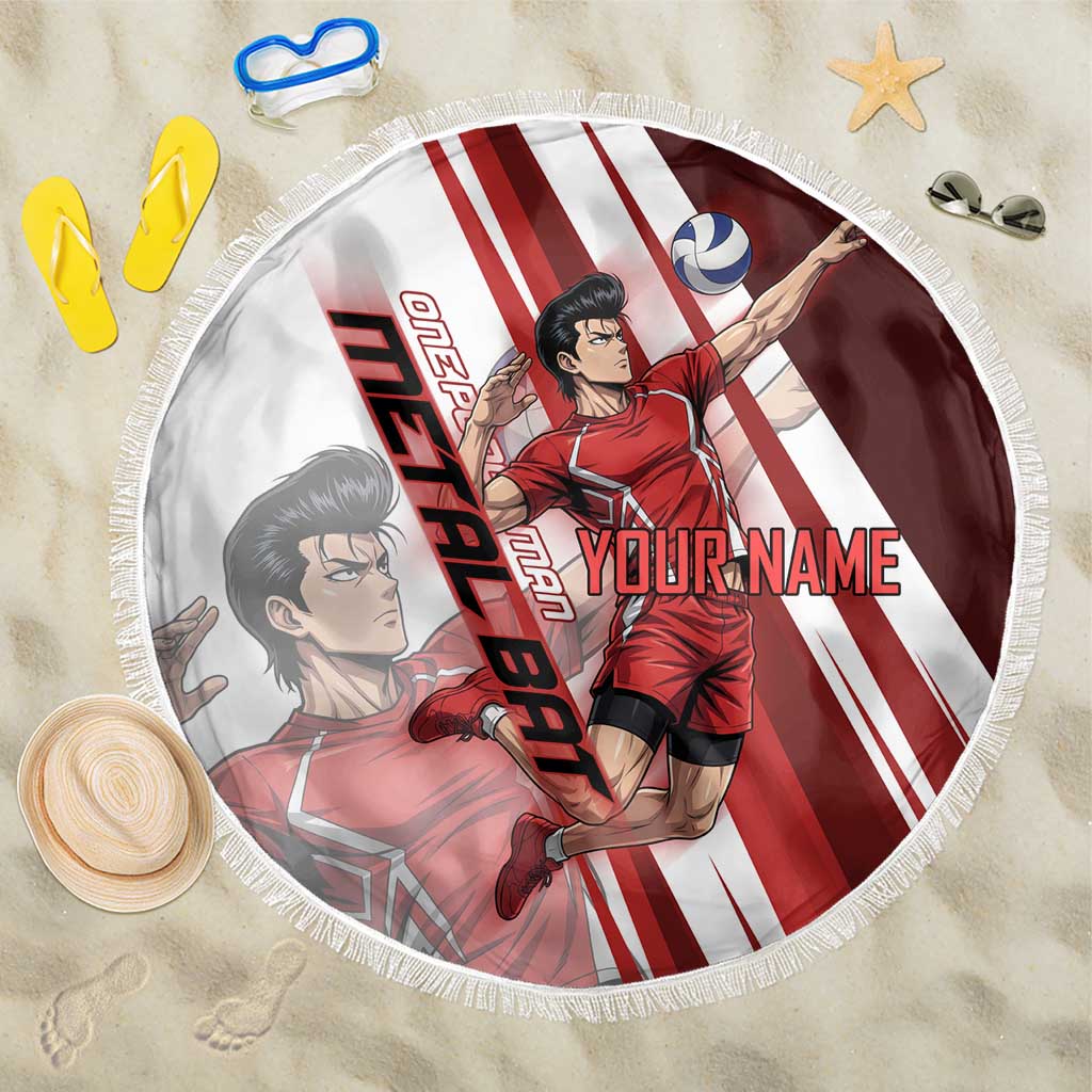 Personalized Metal Bat Volleyball Design Beach Blanket with Red Athletic Theme and Powerful Action Pose