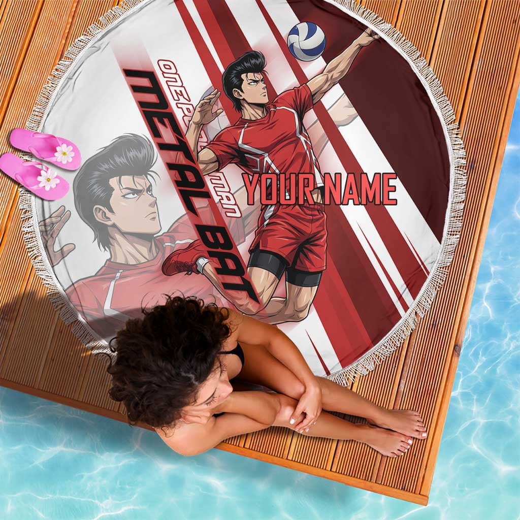 Personalized Metal Bat Volleyball Design Beach Blanket with Red Athletic Theme and Powerful Action Pose