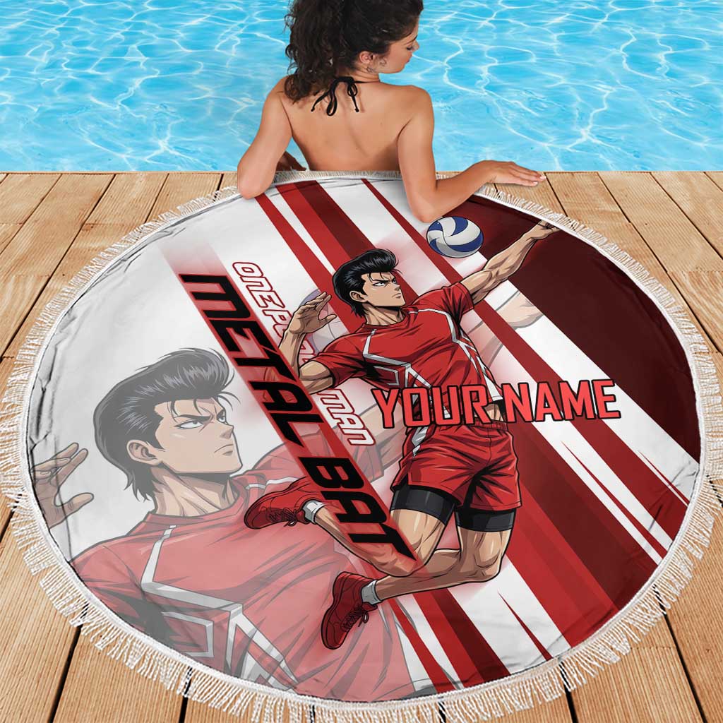 Personalized Metal Bat Volleyball Design Beach Blanket with Red Athletic Theme and Powerful Action Pose