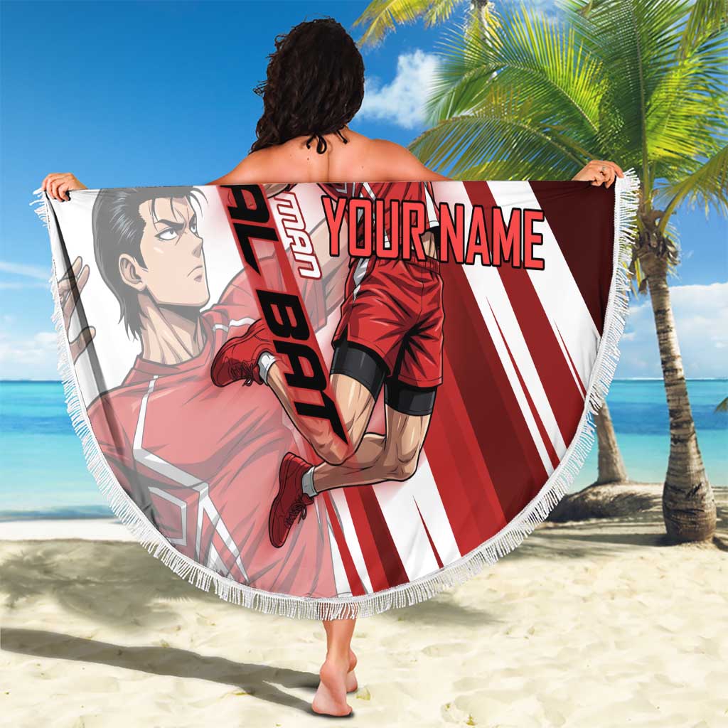 Personalized Metal Bat Volleyball Design Beach Blanket with Red Athletic Theme and Powerful Action Pose