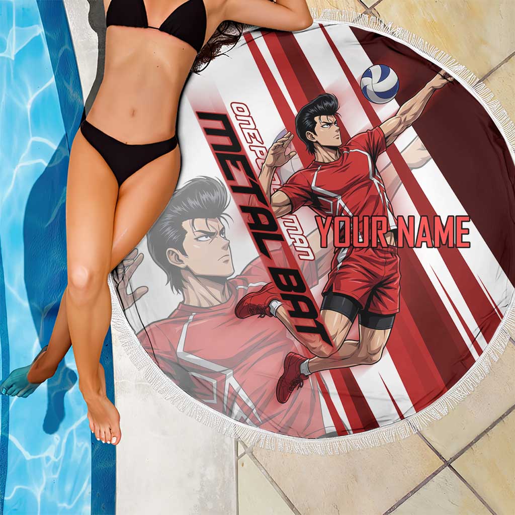Personalized Metal Bat Volleyball Design Beach Blanket with Red Athletic Theme and Powerful Action Pose