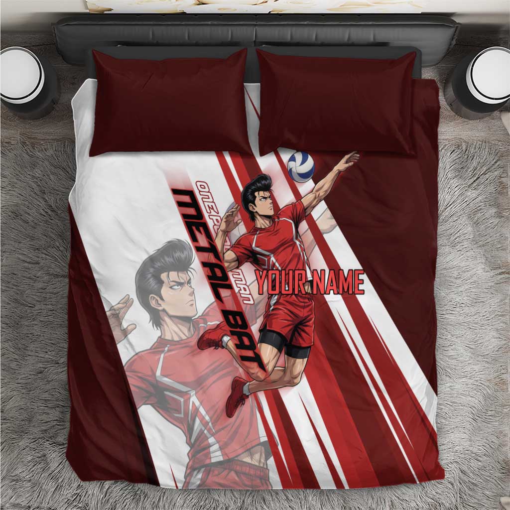Personalized Metal Bat Volleyball Design Bedding Set with Red Athletic Theme and Powerful Action Pose
