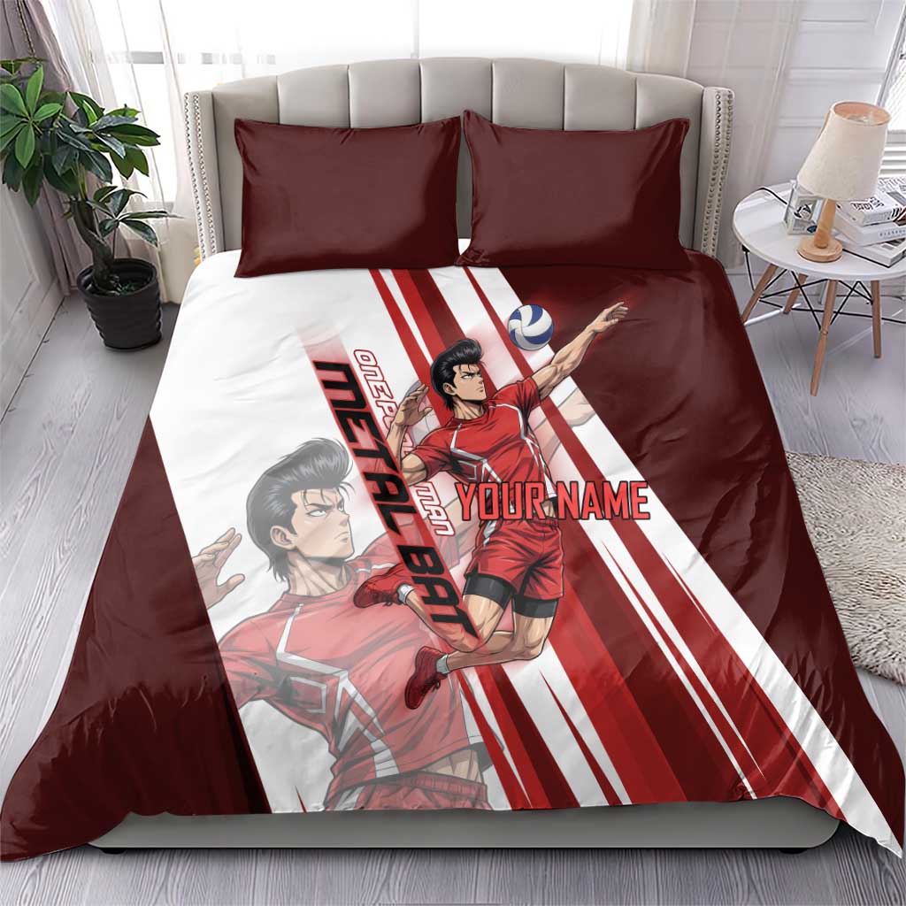 Personalized Metal Bat Volleyball Design Bedding Set with Red Athletic Theme and Powerful Action Pose