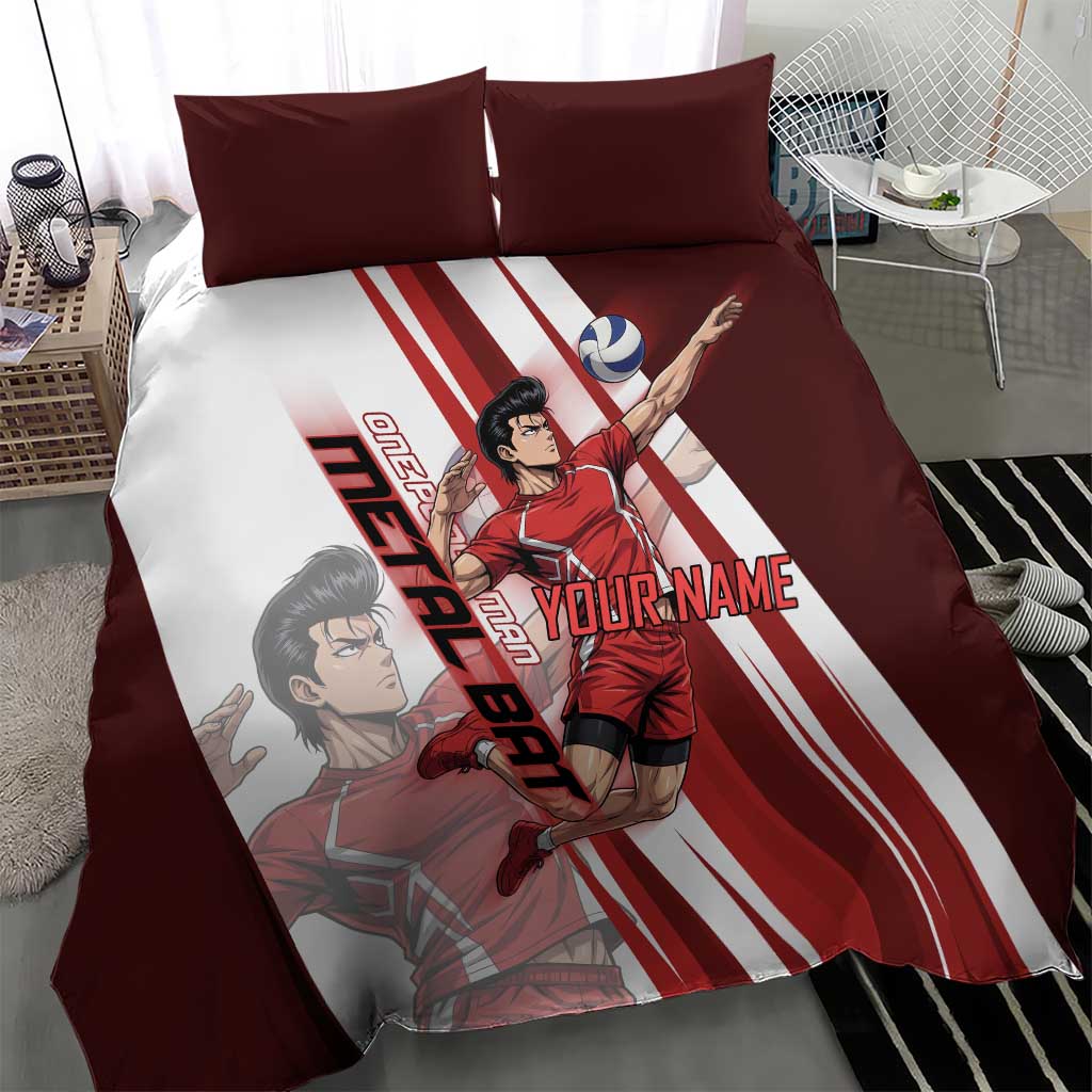 Personalized Metal Bat Volleyball Design Bedding Set with Red Athletic Theme and Powerful Action Pose