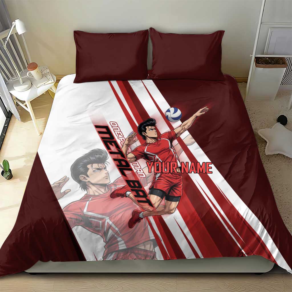 Personalized Metal Bat Volleyball Design Bedding Set with Red Athletic Theme and Powerful Action Pose