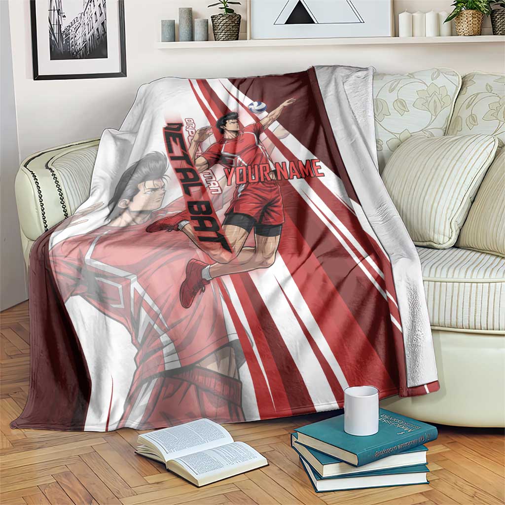 Personalized Metal Bat Volleyball Design Blanket with Red Athletic Theme and Powerful Action Pose