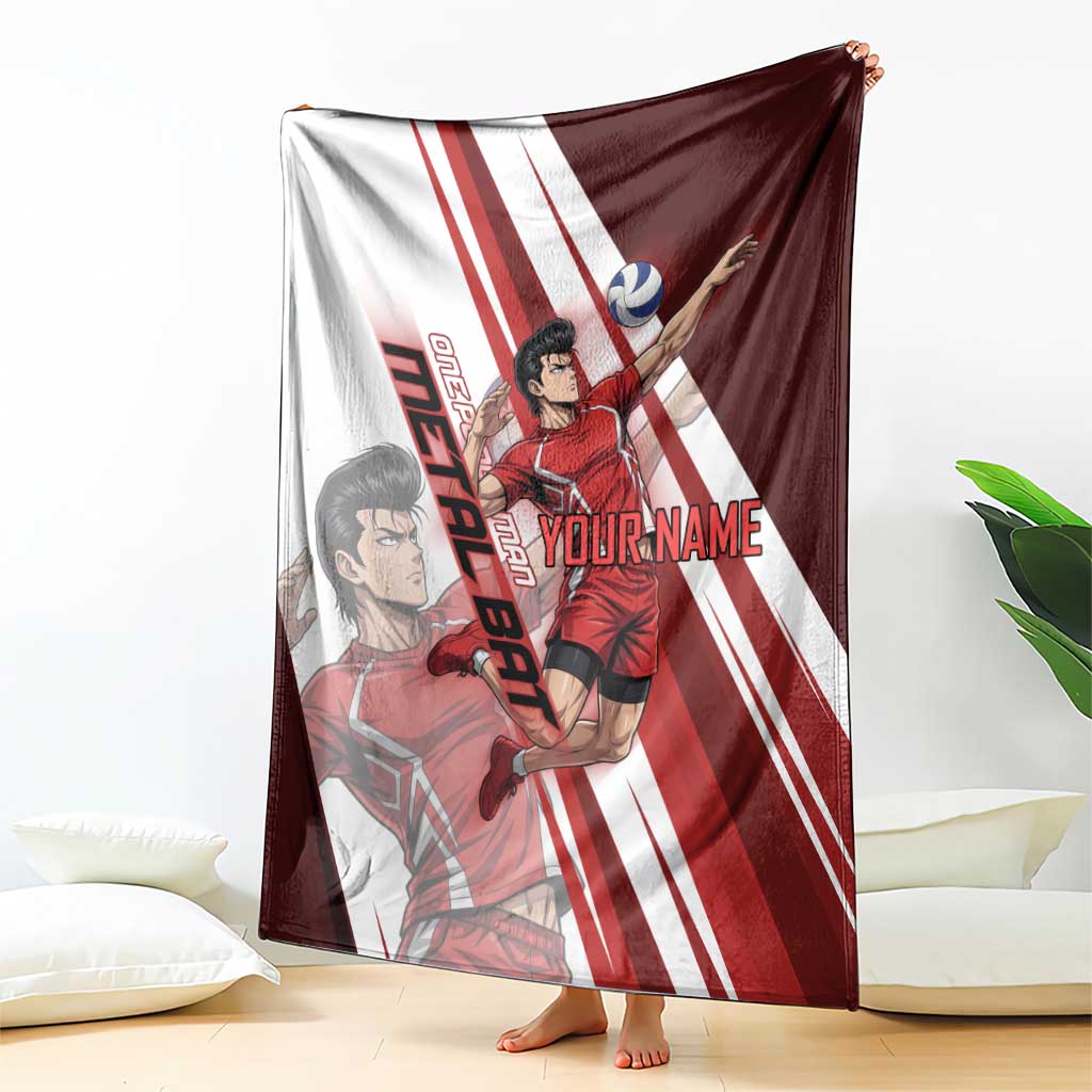 Personalized Metal Bat Volleyball Design Blanket with Red Athletic Theme and Powerful Action Pose