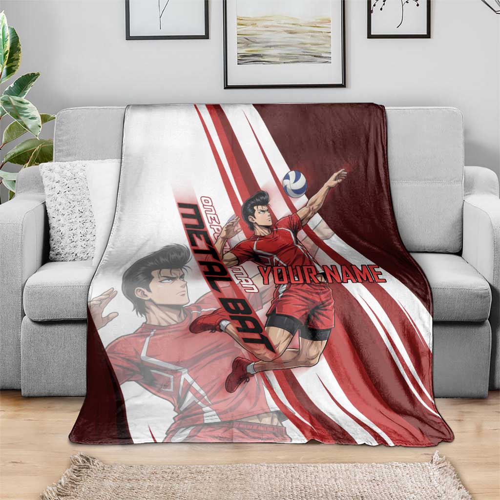 Personalized Metal Bat Volleyball Design Blanket with Red Athletic Theme and Powerful Action Pose