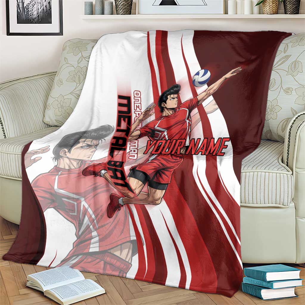 Personalized Metal Bat Volleyball Design Blanket with Red Athletic Theme and Powerful Action Pose