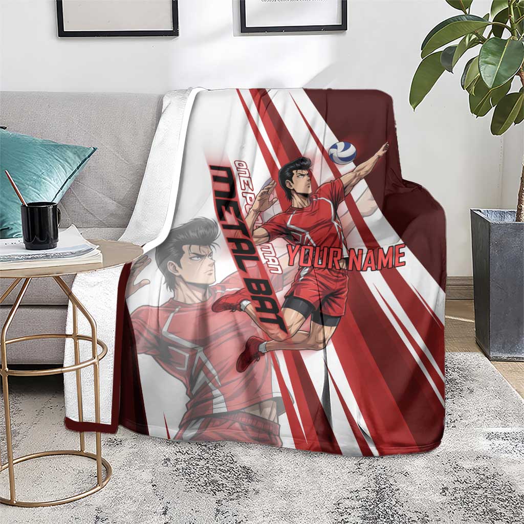 Personalized Metal Bat Volleyball Design Blanket with Red Athletic Theme and Powerful Action Pose