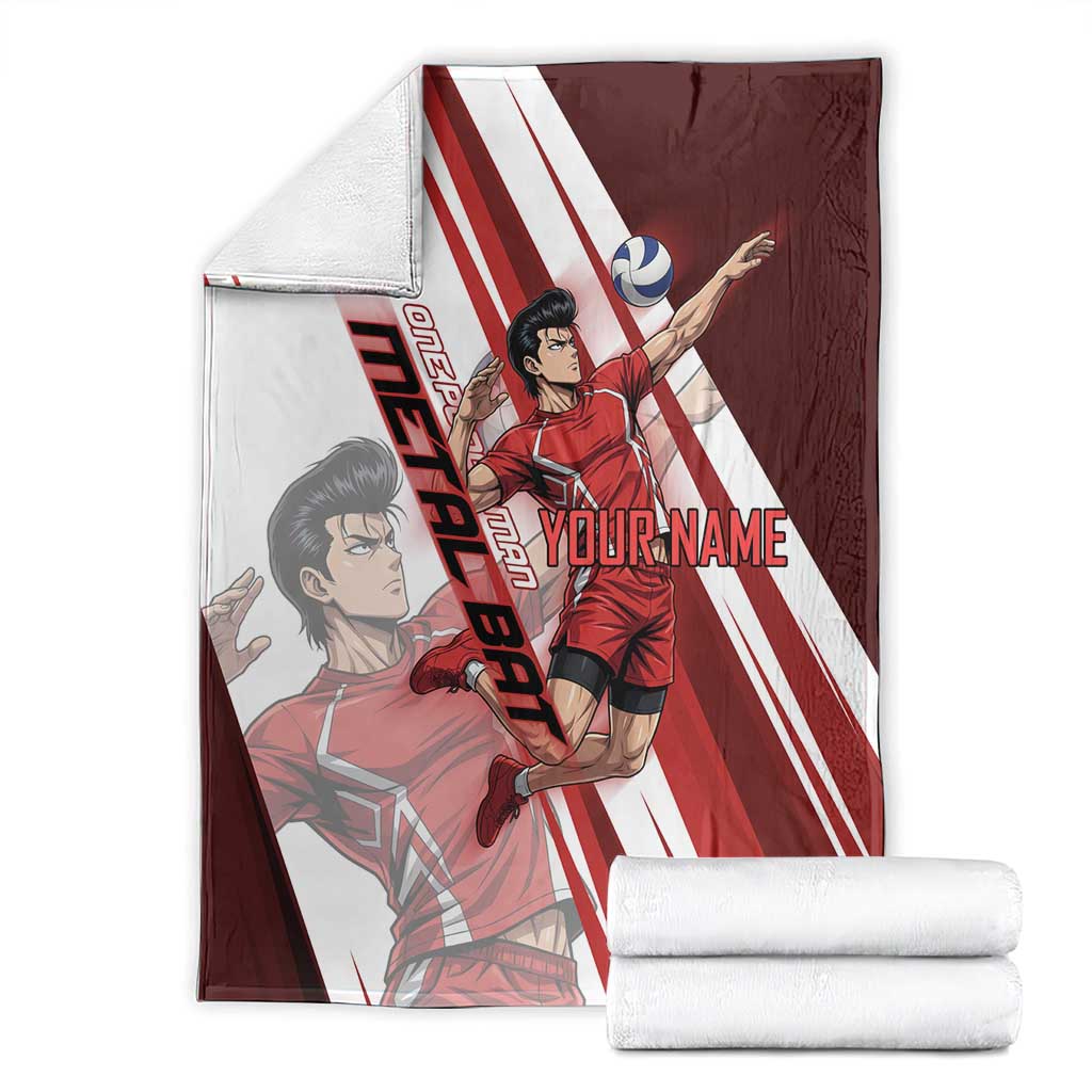 Personalized Metal Bat Volleyball Design Blanket with Red Athletic Theme and Powerful Action Pose