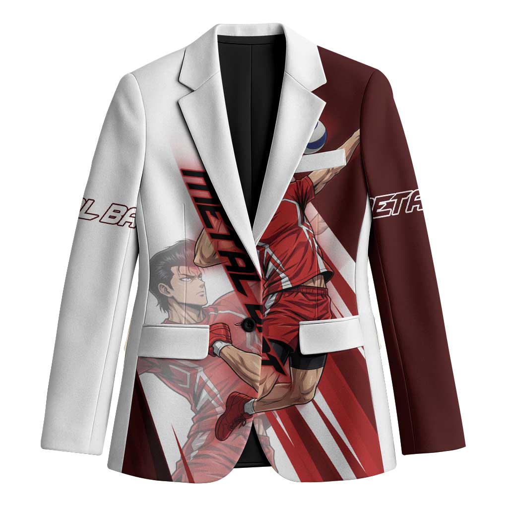 Personalized Metal Bat Volleyball Design Blazer with Red Athletic Theme and Powerful Action Pose