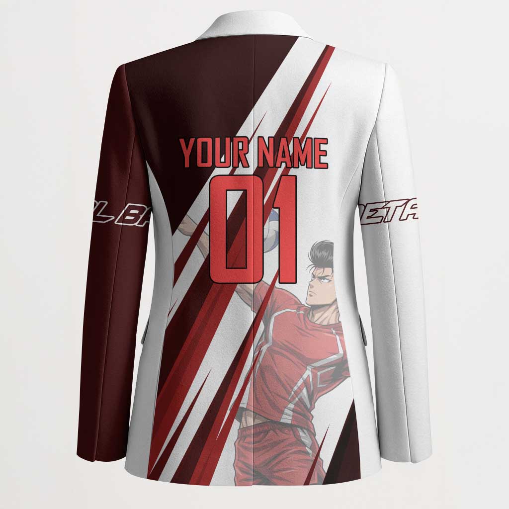 Personalized Metal Bat Volleyball Design Blazer with Red Athletic Theme and Powerful Action Pose
