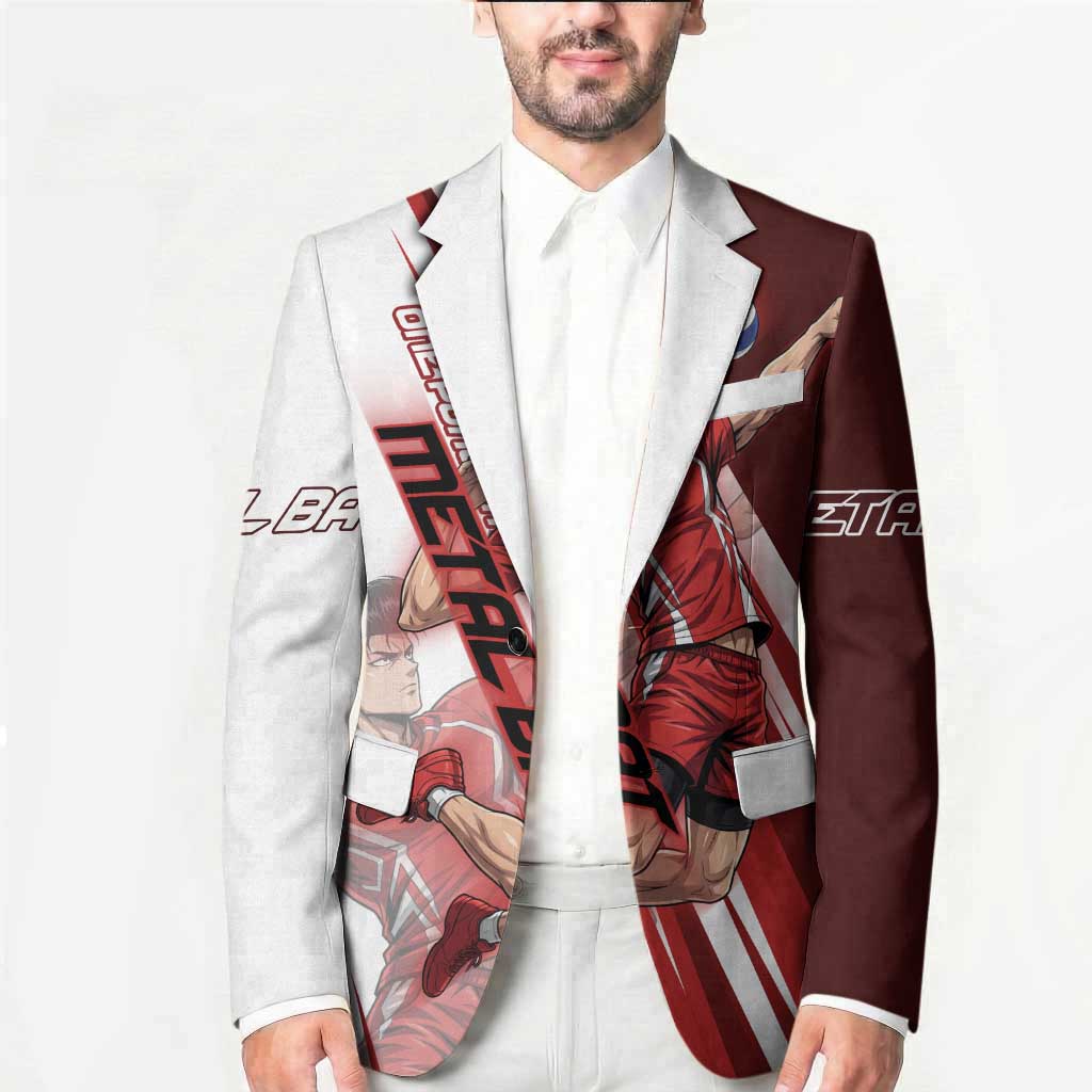 Personalized Metal Bat Volleyball Design Blazer with Red Athletic Theme and Powerful Action Pose