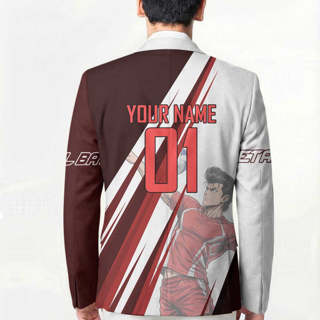 Personalized Metal Bat Volleyball Design Blazer with Red Athletic Theme and Powerful Action Pose