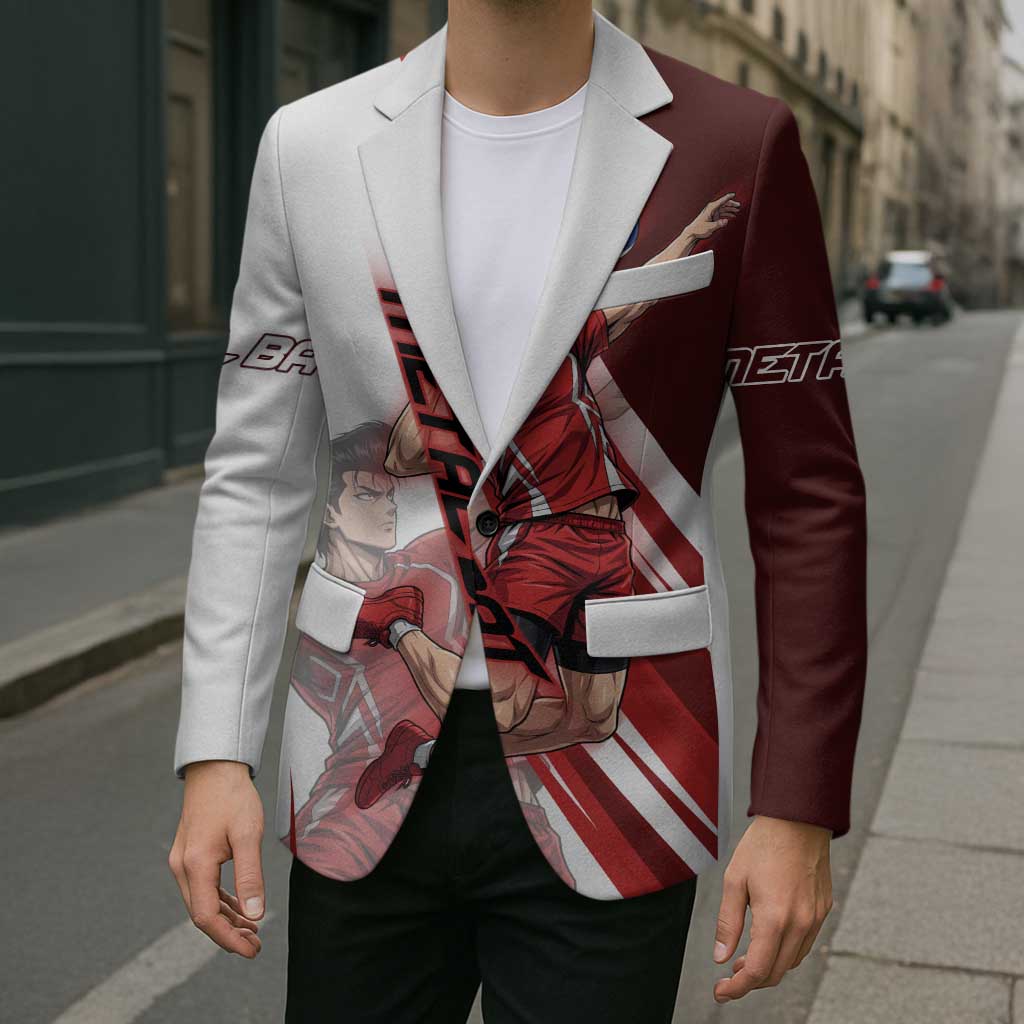 Personalized Metal Bat Volleyball Design Blazer with Red Athletic Theme and Powerful Action Pose