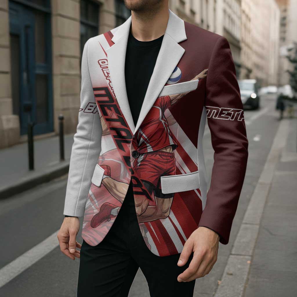 Personalized Metal Bat Volleyball Design Blazer with Red Athletic Theme and Powerful Action Pose