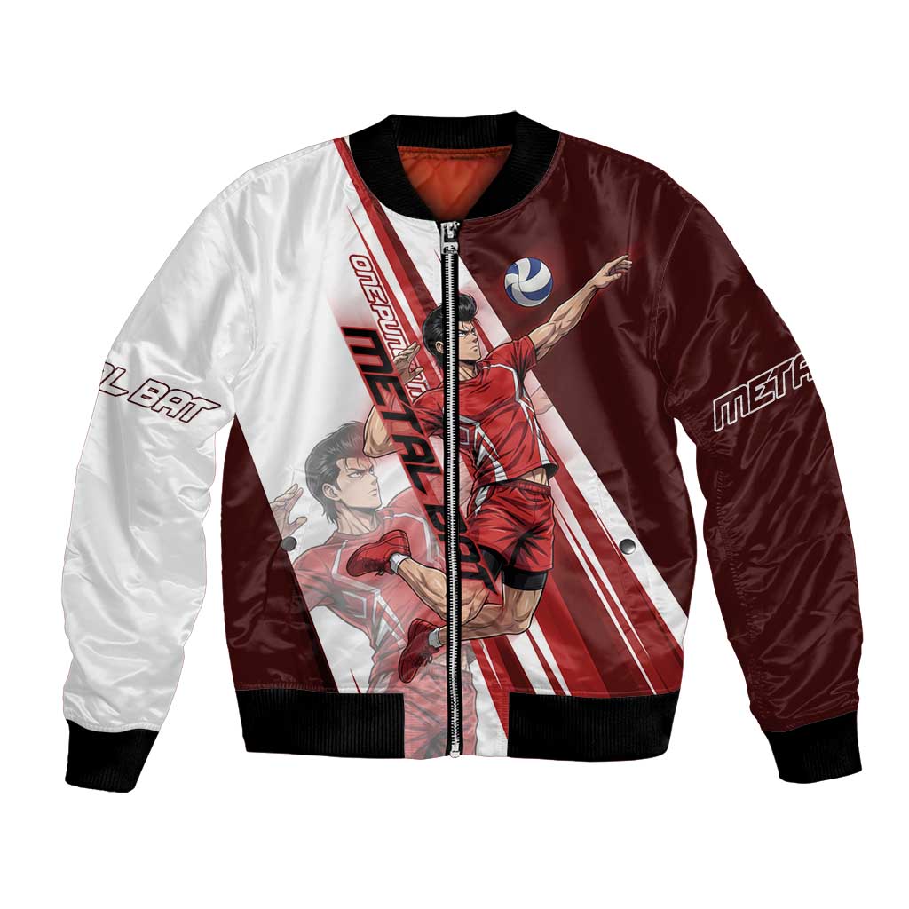 Personalized Metal Bat Volleyball Design Bomber Jacket with Red Athletic Theme and Powerful Action Pose