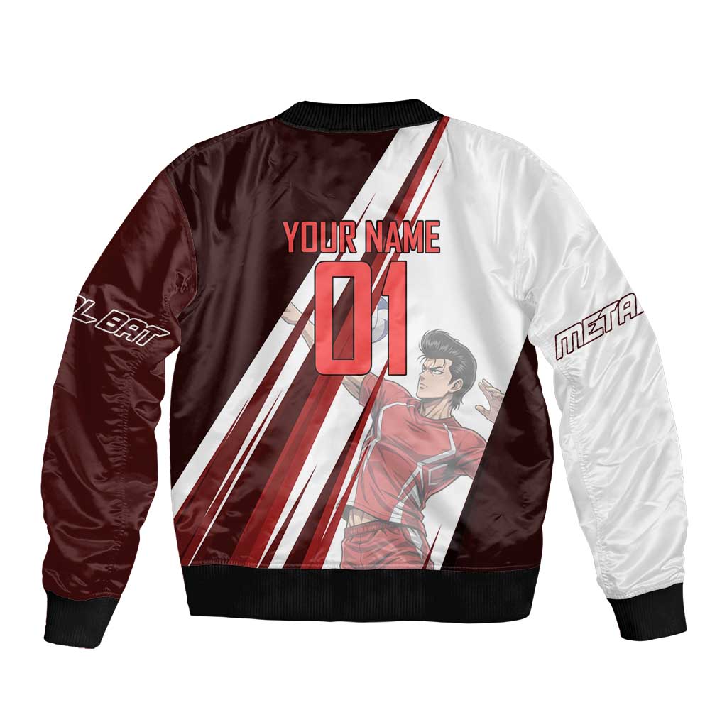 Personalized Metal Bat Volleyball Design Bomber Jacket with Red Athletic Theme and Powerful Action Pose