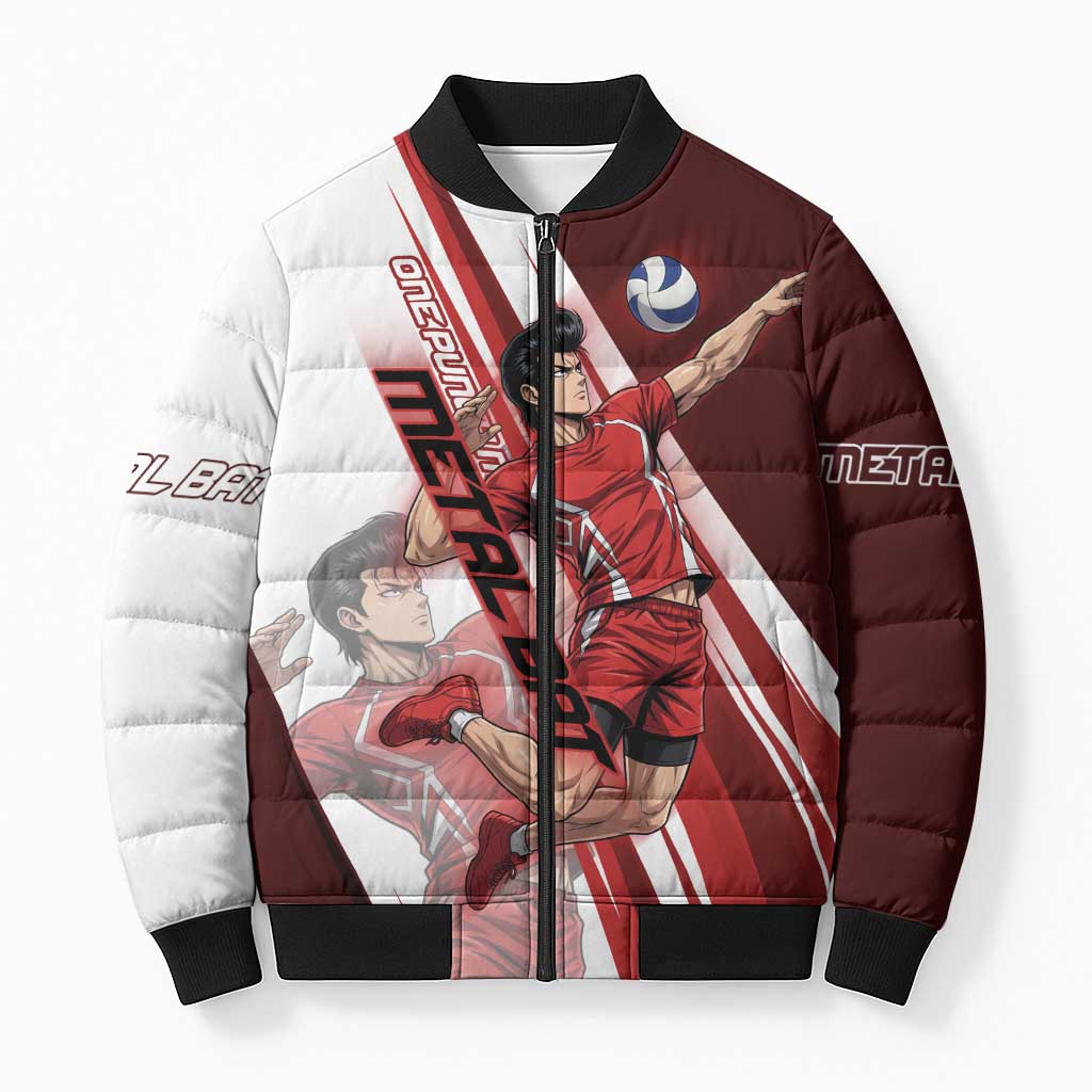 Personalized Metal Bat Volleyball Design Bomber Puffer Jacket with Red Athletic Theme and Powerful Action Pose