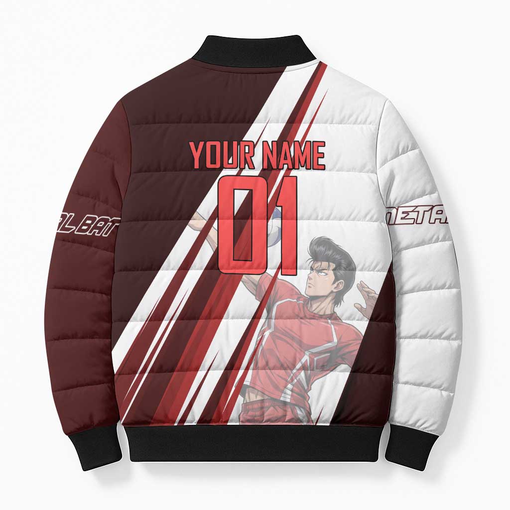 Personalized Metal Bat Volleyball Design Bomber Puffer Jacket with Red Athletic Theme and Powerful Action Pose