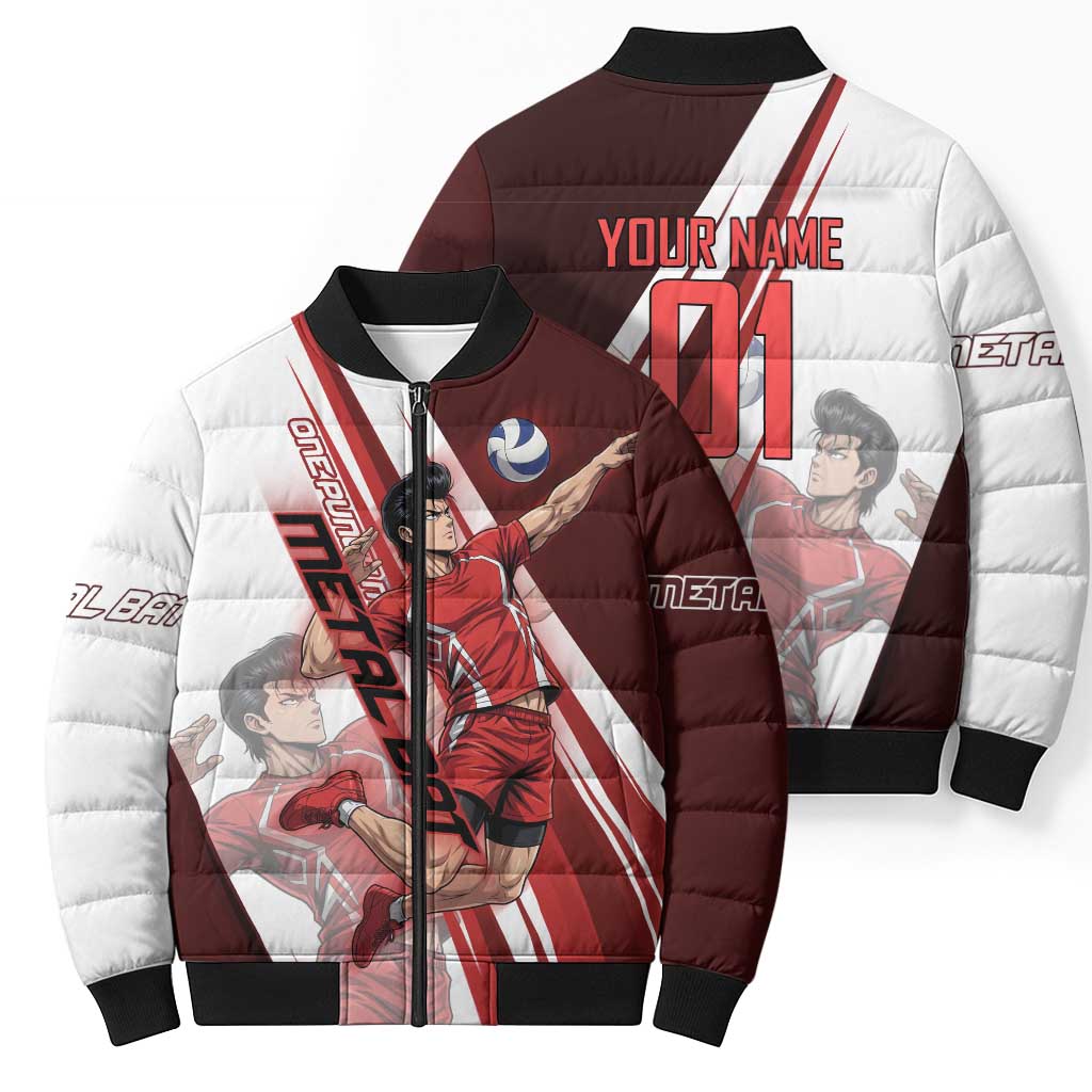 Personalized Metal Bat Volleyball Design Bomber Puffer Jacket with Red Athletic Theme and Powerful Action Pose