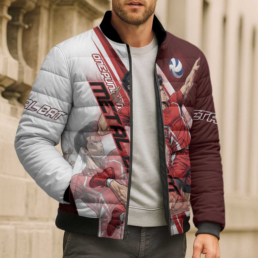 Personalized Metal Bat Volleyball Design Bomber Puffer Jacket with Red Athletic Theme and Powerful Action Pose
