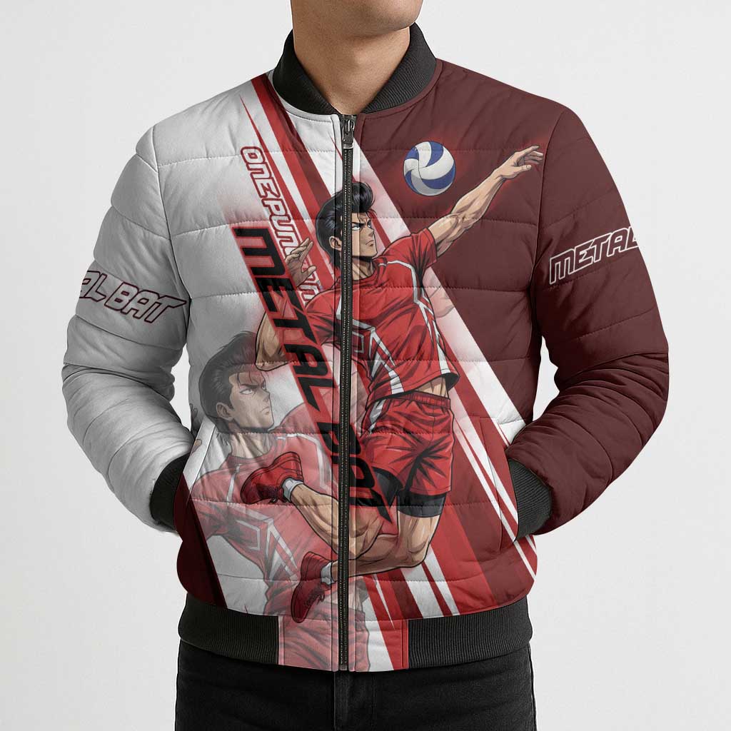 Personalized Metal Bat Volleyball Design Bomber Puffer Jacket with Red Athletic Theme and Powerful Action Pose