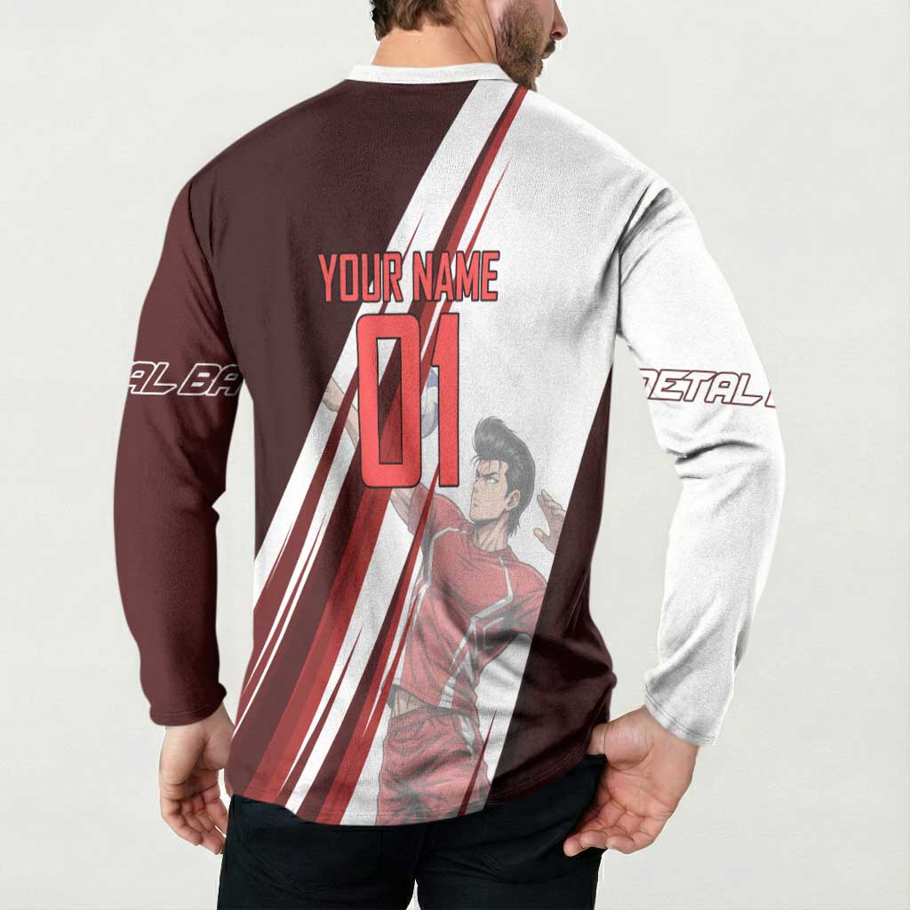 Personalized Metal Bat Volleyball Design Button Sweatshirt with Red Athletic Theme and Powerful Action Pose