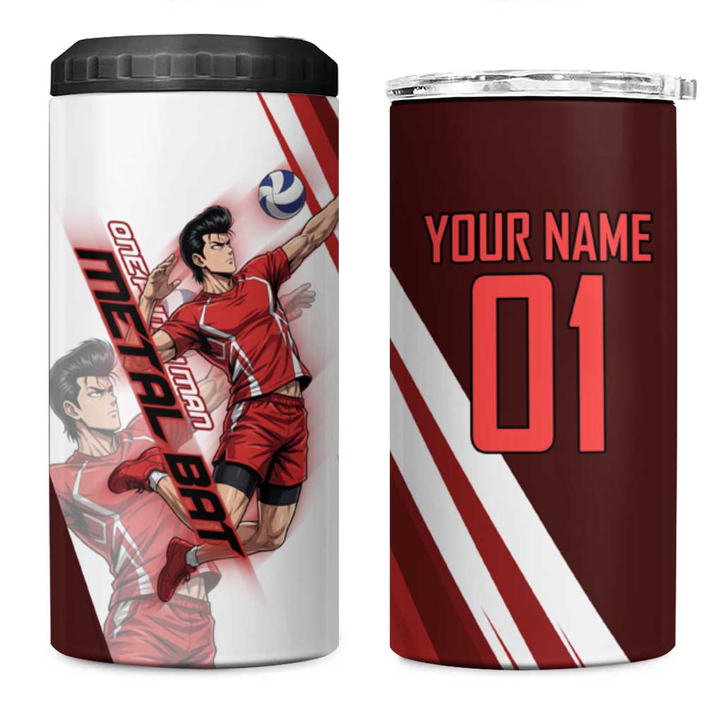 Personalized Metal Bat Volleyball Design 4 in 1 Can Cooler Tumbler with Red Athletic Theme and Powerful Action Pose