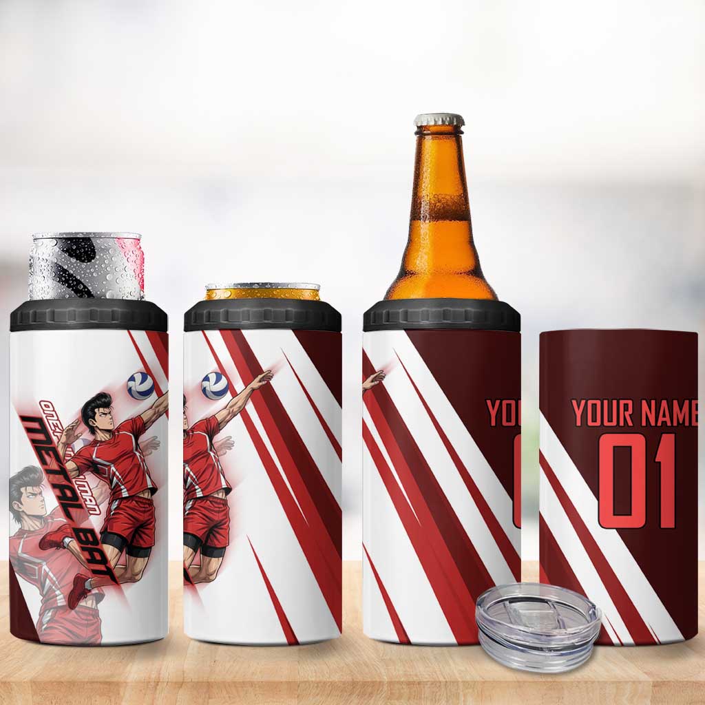 Personalized Metal Bat Volleyball Design 4 in 1 Can Cooler Tumbler with Red Athletic Theme and Powerful Action Pose
