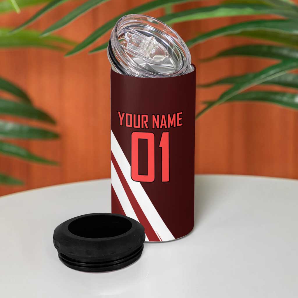Personalized Metal Bat Volleyball Design 4 in 1 Can Cooler Tumbler with Red Athletic Theme and Powerful Action Pose