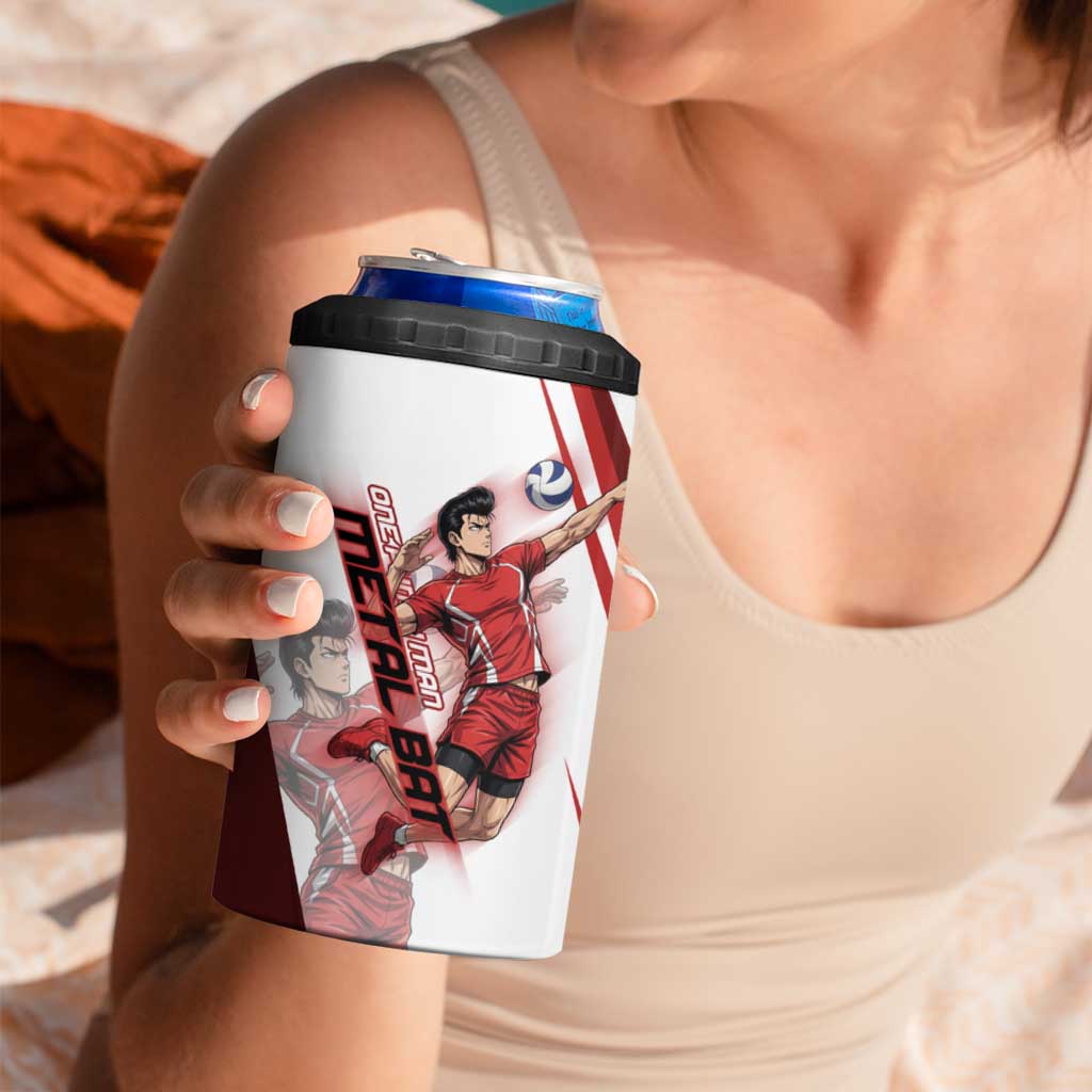 Personalized Metal Bat Volleyball Design 4 in 1 Can Cooler Tumbler with Red Athletic Theme and Powerful Action Pose