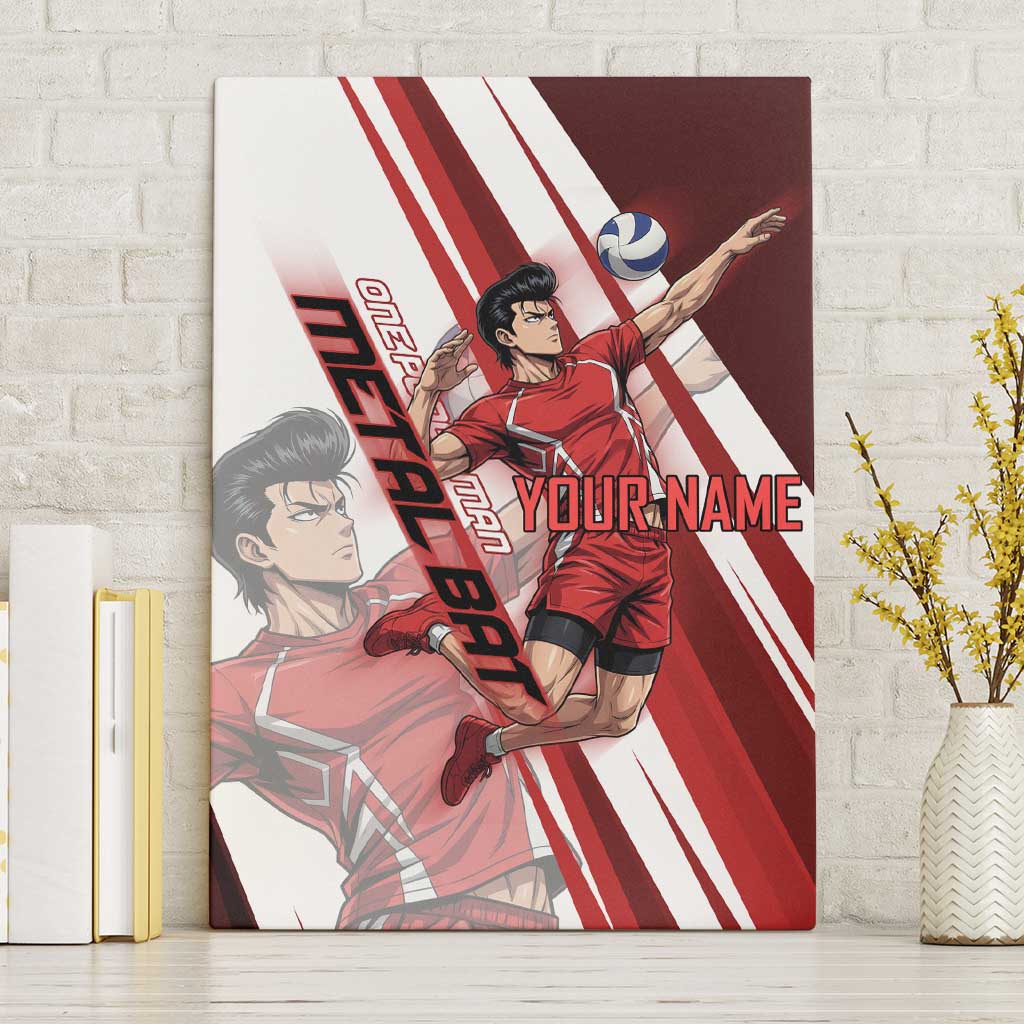 Personalized Metal Bat Volleyball Design Canvas Wall Art with Red Athletic Theme and Powerful Action Pose