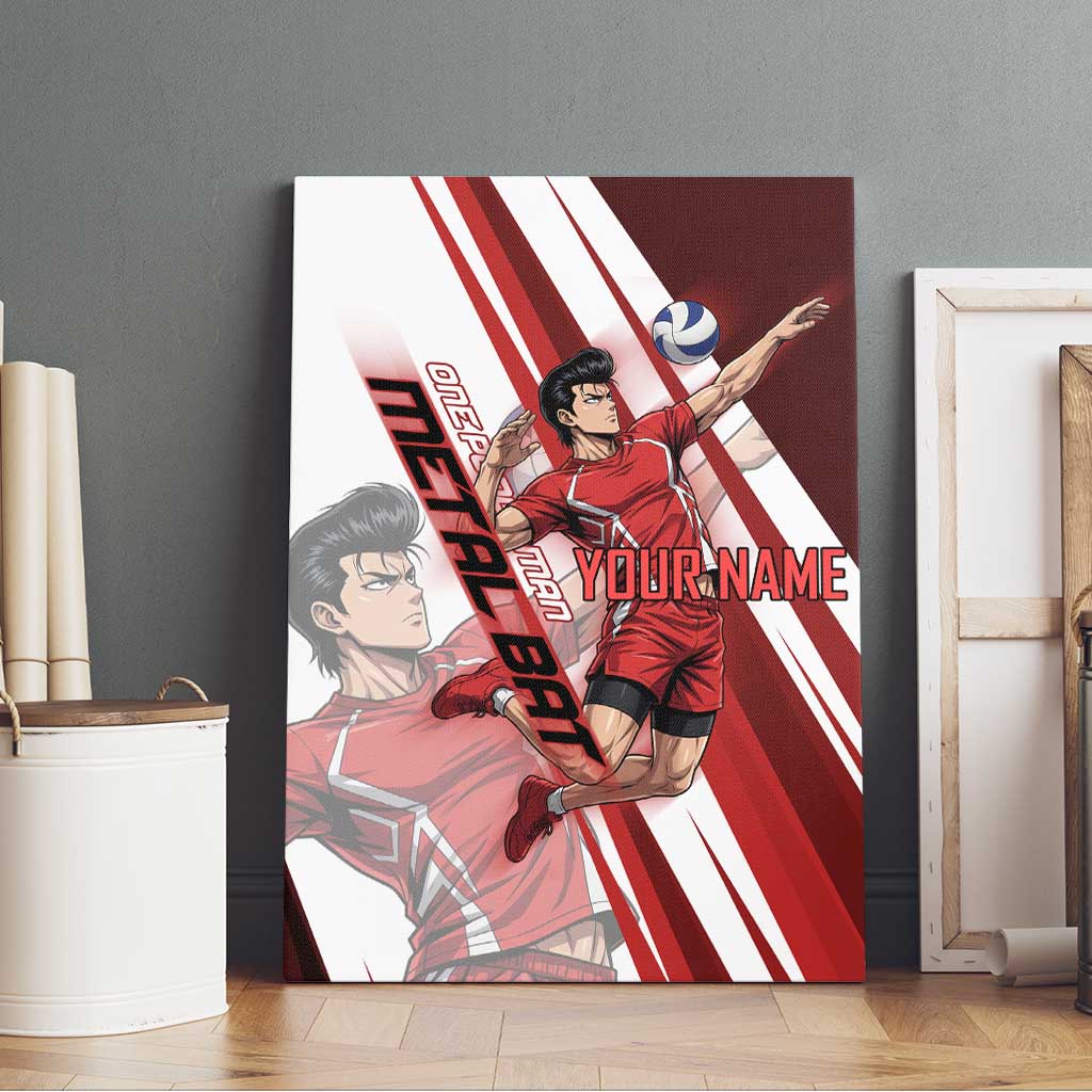 Personalized Metal Bat Volleyball Design Canvas Wall Art with Red Athletic Theme and Powerful Action Pose