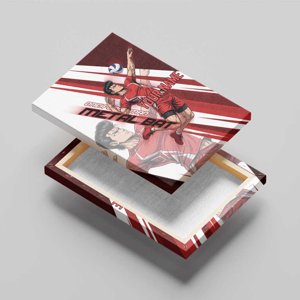 Personalized Metal Bat Volleyball Design Canvas Wall Art with Red Athletic Theme and Powerful Action Pose
