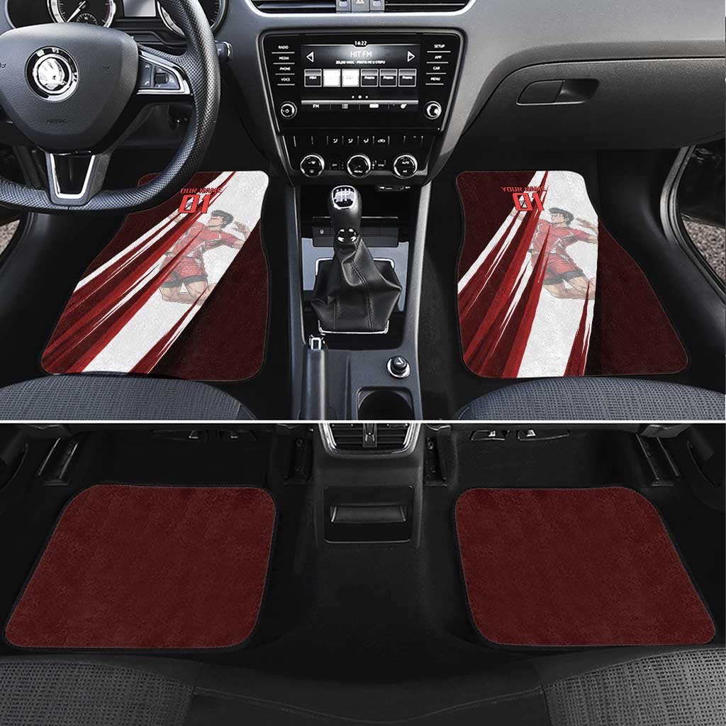 Personalized Metal Bat Volleyball Design Car Mats with Red Athletic Theme and Powerful Action Pose