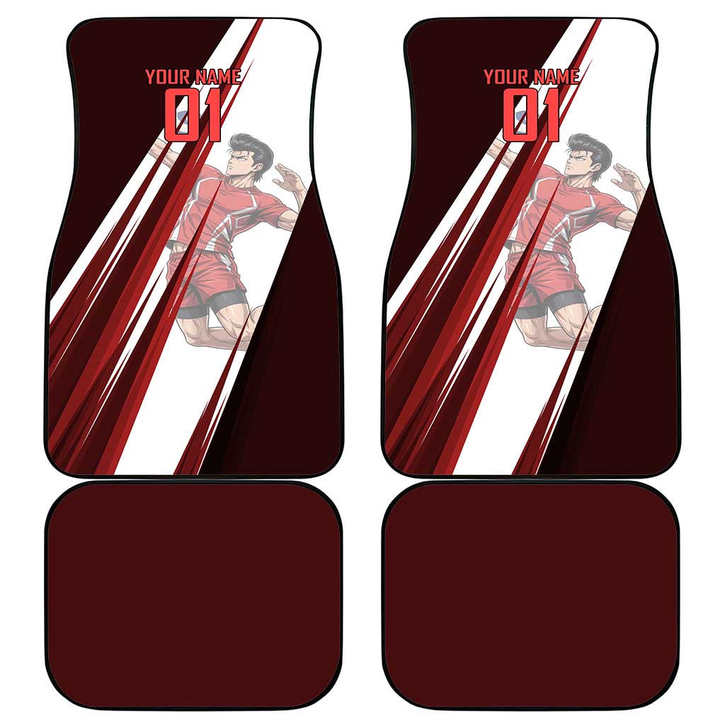 Personalized Metal Bat Volleyball Design Car Mats with Red Athletic Theme and Powerful Action Pose