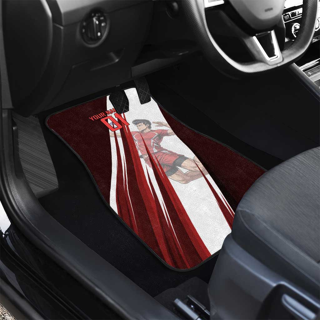 Personalized Metal Bat Volleyball Design Car Mats with Red Athletic Theme and Powerful Action Pose