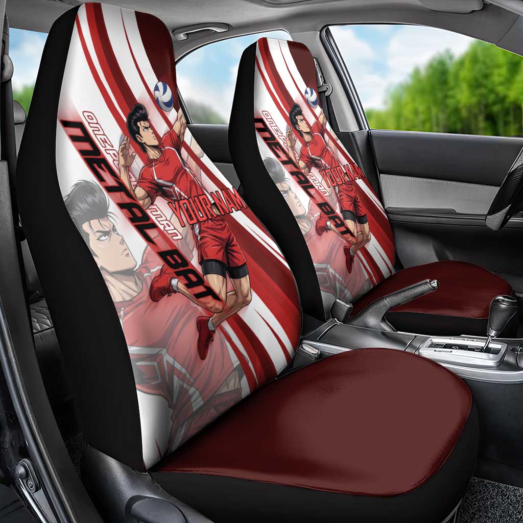 Personalized Metal Bat Volleyball Design Car Seat Cover with Red Athletic Theme and Powerful Action Pose