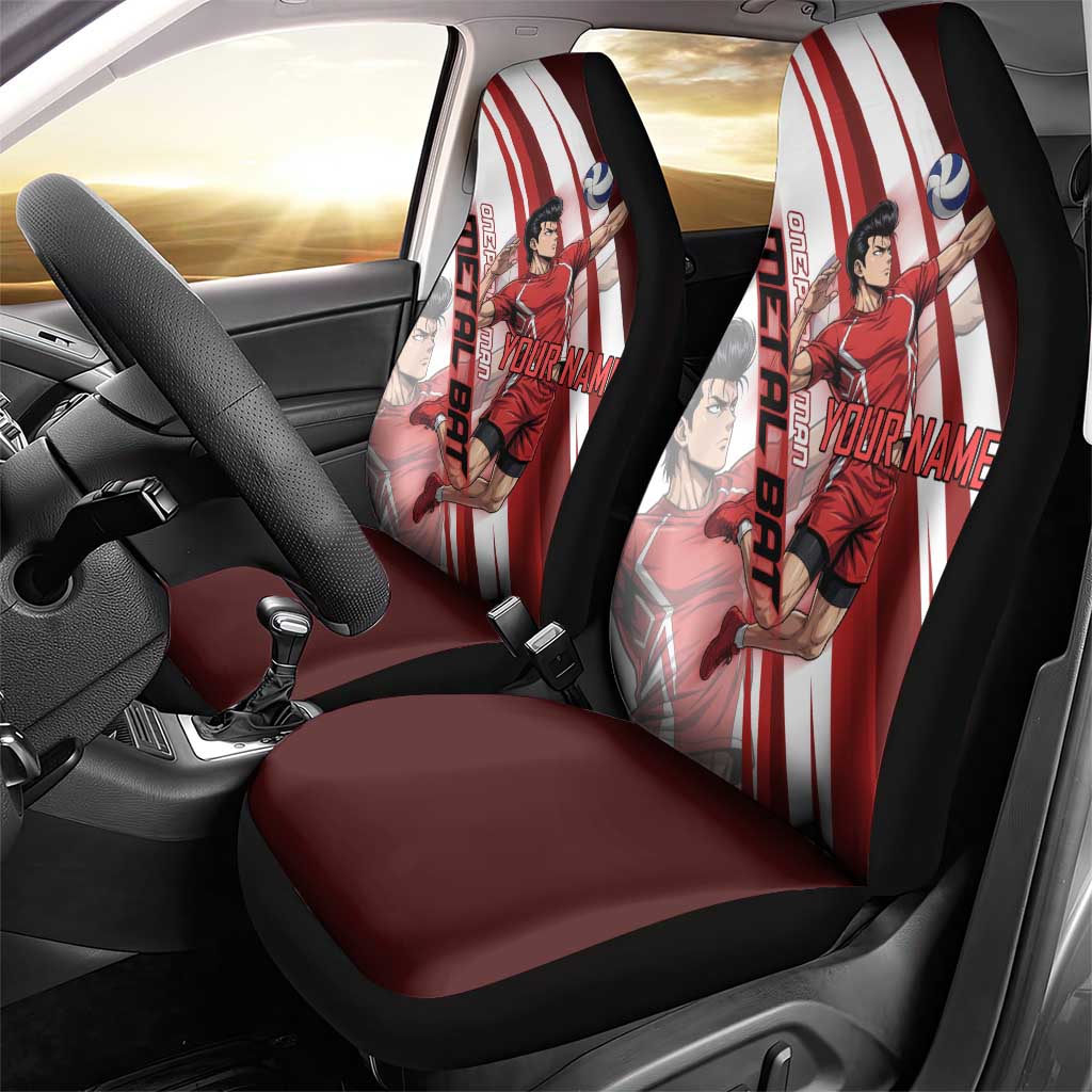 Personalized Metal Bat Volleyball Design Car Seat Cover with Red Athletic Theme and Powerful Action Pose