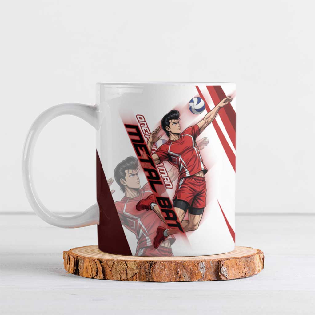 Personalized Metal Bat Volleyball Design Ceramic Mug with Red Athletic Theme and Powerful Action Pose