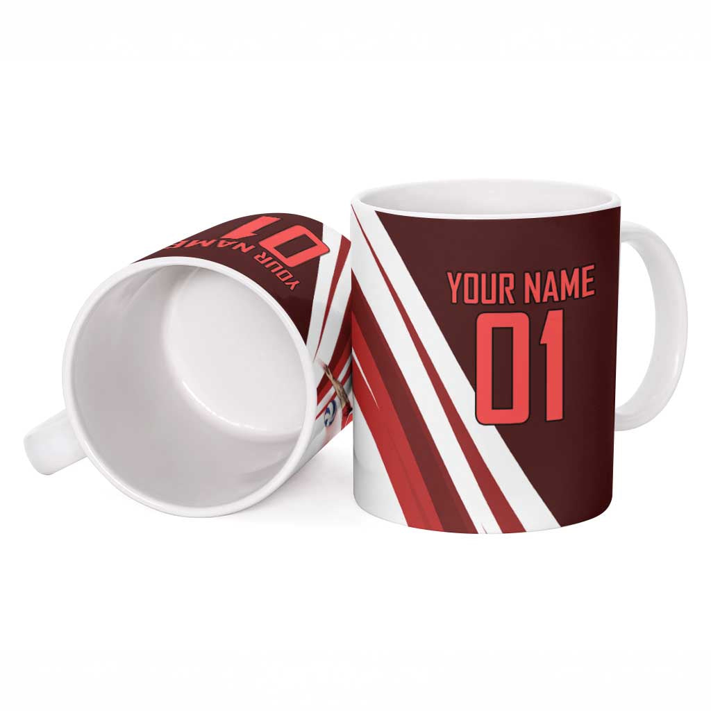 Personalized Metal Bat Volleyball Design Ceramic Mug with Red Athletic Theme and Powerful Action Pose