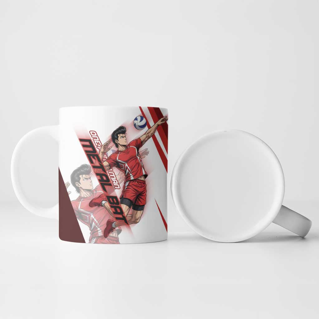 Personalized Metal Bat Volleyball Design Ceramic Mug with Red Athletic Theme and Powerful Action Pose